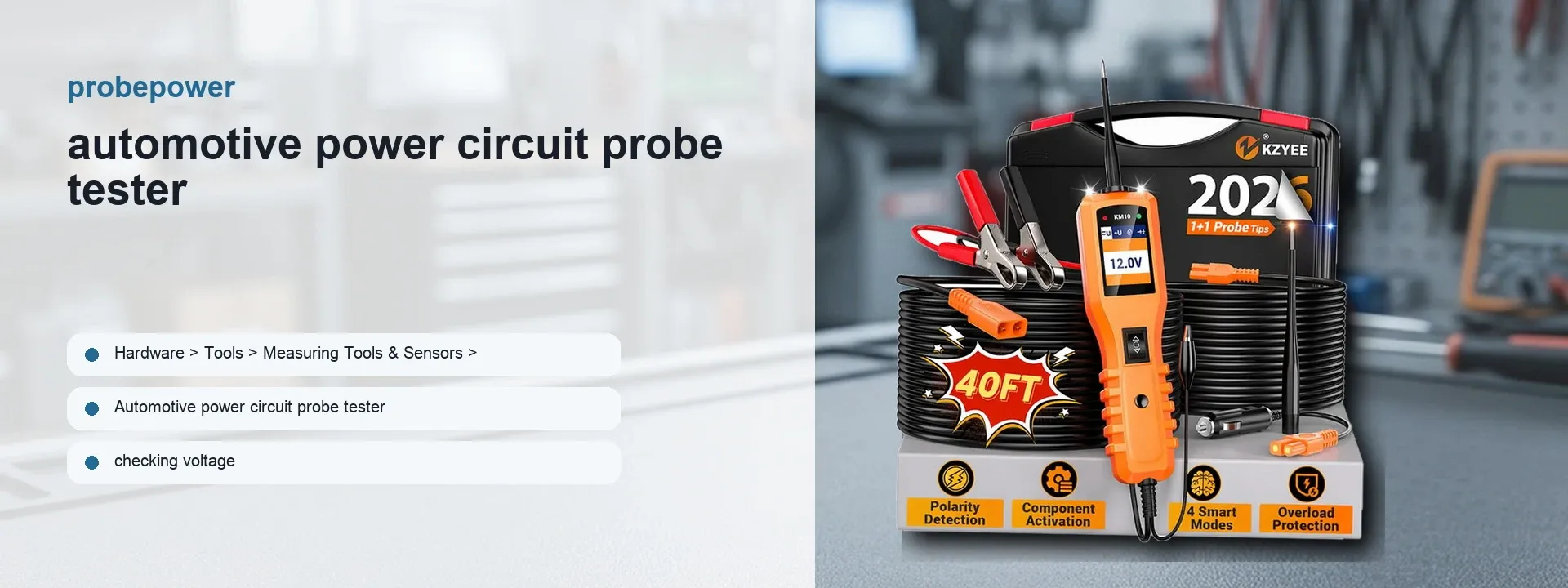 Automotive power circuit probe tester kit with orange handheld tester, probe tips, clips and leads on a boxed set display, shown in a workshop-style setting.